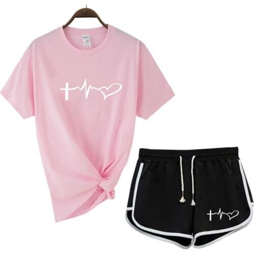 2021 Summer Ladies Printed T-shirt + Shorts 2-piece Set Large Cotton Ladies Sports Suit Jogging Fitness Girl Short Sleeve Love