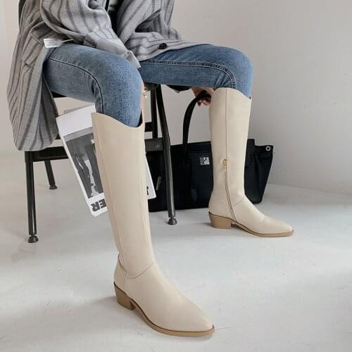 Winter Boots Fashion Knee High Boots Women Boots Faux Leather Square High Heel Long Boots Pointed Toe Autumn Boots Shoes 2020