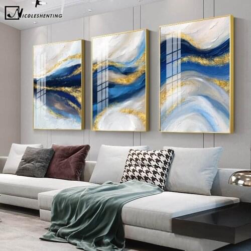Golden Blue Abstract Ocean Canvas Painting Graphic Art Luxury Style Poster and Print Contemporary Wall Picture Home Decoration