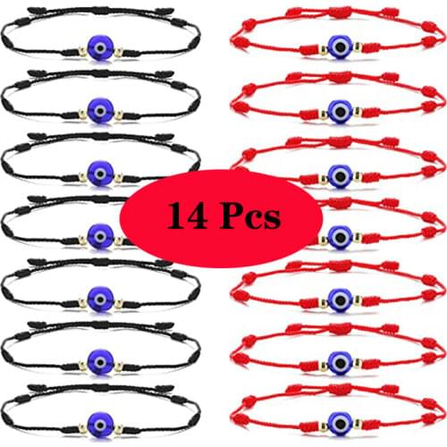 14pcs Lucky Blue Eye Turkish Evil Eye Bracelets for Women Men 7 Knots Handmade Braided Rope Red Bracelet Female Jewelry Gifts