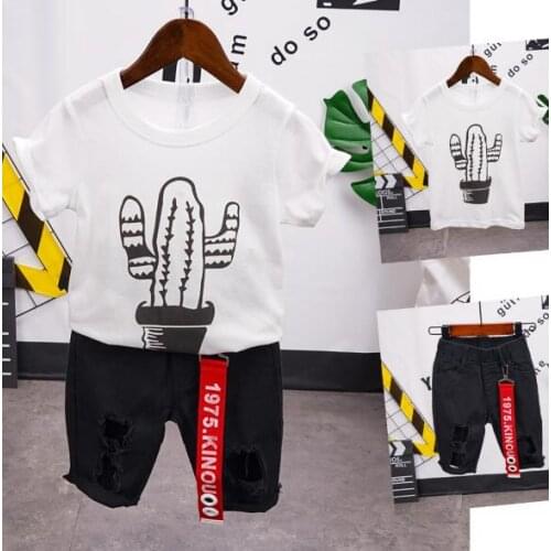 2020 Summer Causal Cotton Baby Children Denim Shorts Suit T-shirt Shorts Boys clothes Kids Cactus Clothes for 2-7