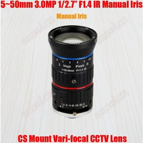 3MP 1/2.7" 5-50mm F1.4 IR CS Mount Manual Iris Varifocal CCTV Lens for 960P 1.3MP 1080P 2 Megapixel Analog IP Box Body Camera