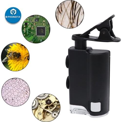 60X-100X Pocket Microscope Magnifer Loupe Magnification Cell Phone Clip Pocket Magnifying Glass LED UV Light Jewelry Magnifier