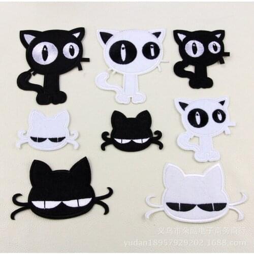 8pcs DIY Black White Big eyes cat fabric adhesive patch/badges iron-on applique embroidery accessory decoration stickers