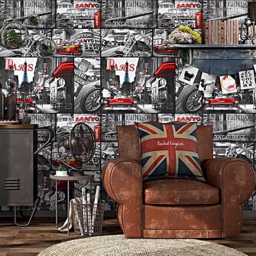 American retro retro wallpaper Loft industrial style newspaper poster wallpaper personality graffiti Internet bar background wal