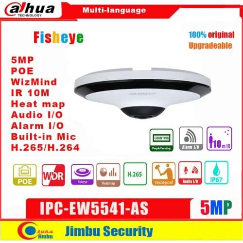 Dahua 5MP WizMind IR Fishey IPC-EW5541-AS PoE IR 10M H.265 IVS Built-in Mic Micro SD card Audio in/out Alarm in/out Heat map