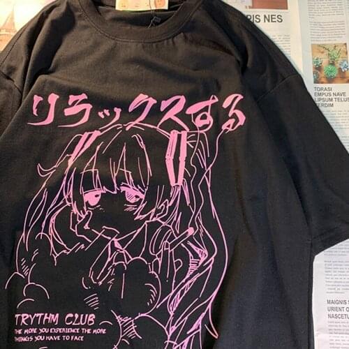 Sweet Girl Anime Cartoon Print Japanese Streetwear Harajuku Kawaii Casual Top Vintage Loose Summer Black Cotton Women T-Shirt