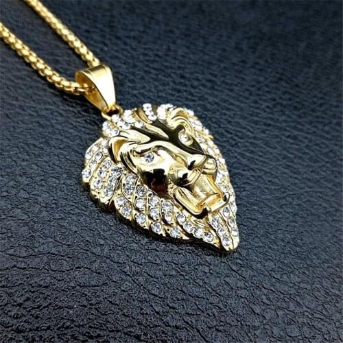 Hip Hop Charm Iced Out Bling Golden Lion Head Pendants Necklaces Male Gold Color Stainless Steel Chain Rock Jewelry Gift For Men