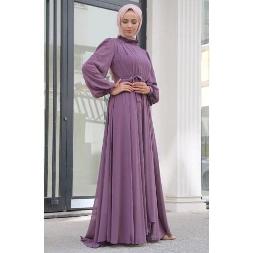 Tail And Belt Detailed Hijab Womens Evening Dress Muslim Hijab Chiffon Eid Mubarak Party Evening Long Dress Islamic Clothing