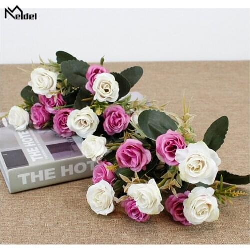 Meldel 10 Heads Artificial Silk Small Rose Flower Bunch Wedding Home Decoration Fake Silk Flore Christmas Home Decor Faux Flower