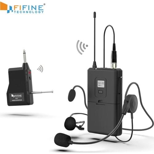 FIFINE 20-Channel UHF1/4 Inch Output lavalier& headset Microphone Transmitter for Camera Meeting Teaching Speech Hand free 037B