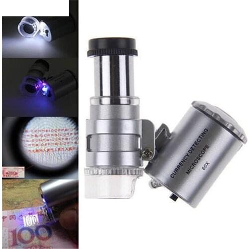 Mini 60X Magnifier Microscope UV Jeweler Loupe currency Detector with LED Light G8TB
