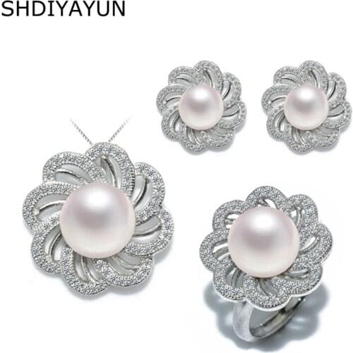 SHDIYAYUN Fine Jewelry Sets Natural Freshwater Pearl Set Flower Necklace Earrings Ring 925 Sterling Silver Jewelry For Women