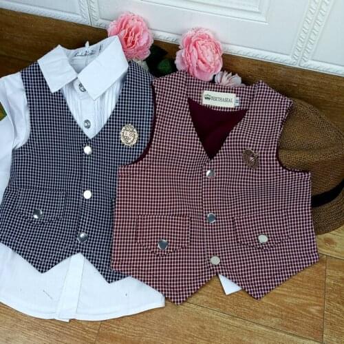 Baby boy formal plaid woolen vest kids casual v-neck birthday party wedding top waistcoat