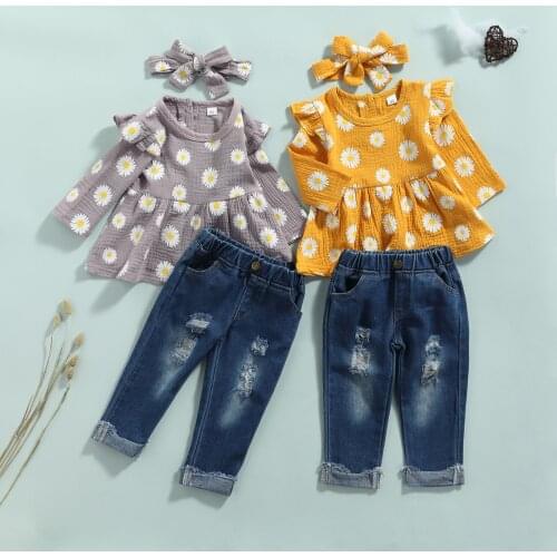 Lioraitiin 1-5Years Toddler Baby Girl Autumn 2Pcs Clothing Fashion Long Sleeve Daisy Printed Dress Top Denim Hole Long Pants