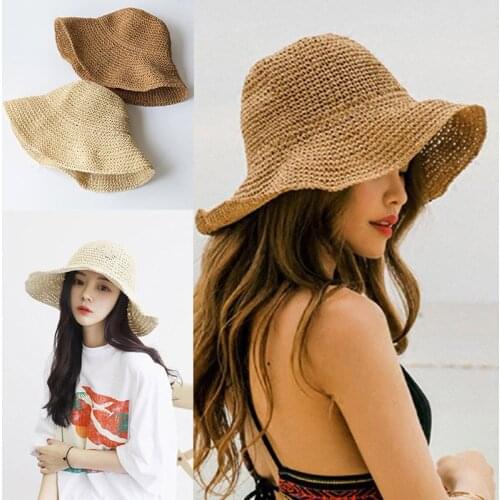 Women Beach Panama Straw Dome Bow Bucket Hat 2020 Summer 56-58cm Floppy Female Gorras Solid Colors Wholesale