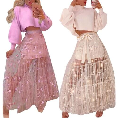 Casual High Waist Transparent Skirt Mesh Star Printed Skirts 2021 Holiday Summer All Matching Streetwear Chic Loose Women Skirts