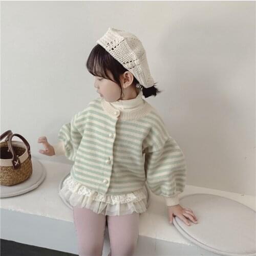 Princess Knitted Cardigan Sweater For Lovely Girls 2019 High Quality Fashion Striped Lantern Sleeve Pearl Buttons Sweater 2-8Yrs