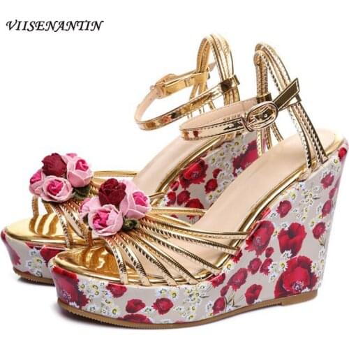 Summer New Style Printed Wedge with Color Matching Retro Flowers Fish Mouth Ankle Buckle Waterproof Platform High-heeled Sandals