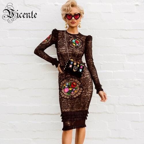 VC All Free Shipping 2020 New Graceful Floral Embroidery Long Sleeves Ruffles Lace Celebrity Party Club Bandage Midi Dress