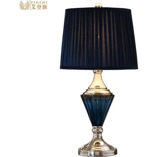 Vintage Mediterranean Sea Blue Crystal Glass Fabric E27 Dimmer Table Lamp For Wedding Living Room Bedside Deco Light H 55cm 1419