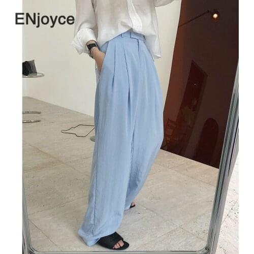 2021 Summer Fashion Blue High Waist Loose Suit Pants Women New Office Ladies Trousers Work Wear Wide-legged Straight Thin Pants
