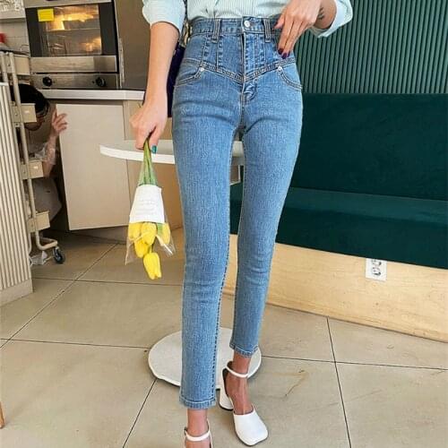 Female Streetwear Jeans Pants Femme 2021 Autumn Vintage Single-Button Women Denim Jeans High Waist Stretch Pants Capris