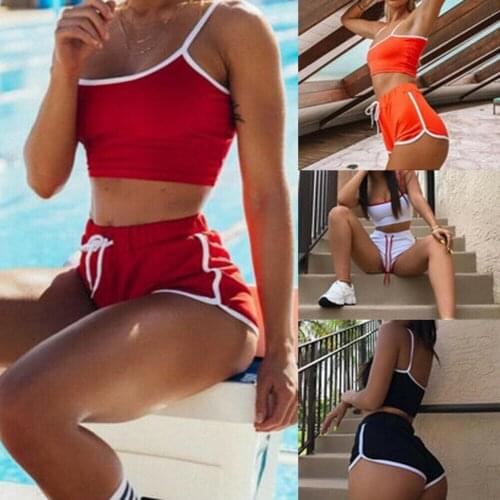 2pcs Set Womens Summer Sleeveless Strapless Crop Top Solid Color Drawstring Shorts Bodycon Outfit Short Casual Sport Suit