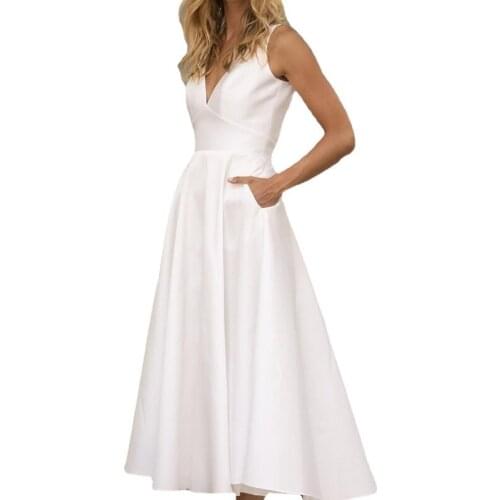 2021 White Mid-waist Slim Temperament Commuter Solid Color Office Lady Dress New Open Back V-neck Dress for Women A187