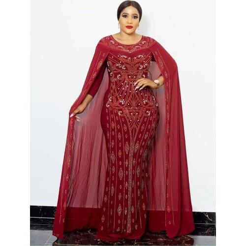 Long Cloak Sleeve Maxi Evening Party Dresses Dashiki Femme Robe African Clothing Sexy Slim Beading Diamonds Mermaid Women Dress