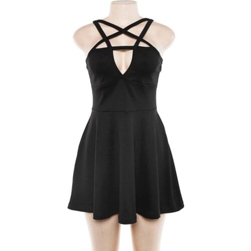 Summer Vintage Punk Rock Pentagram Hollow Out Dresses Women Sexy Sleeveless Dress For Gothic Girls Black