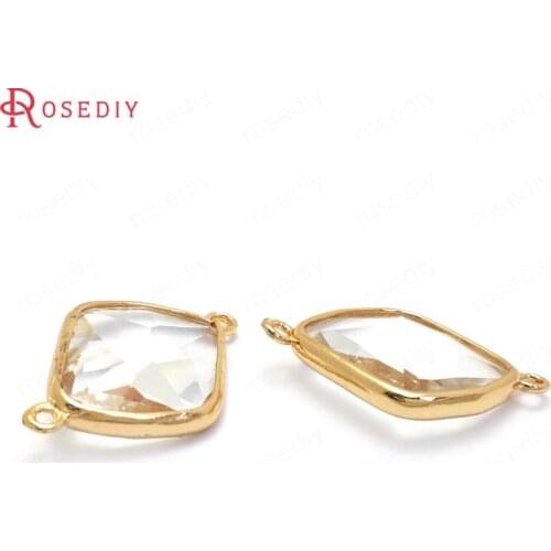 36402)6PCS 27x18MM 24K Champagne Gold Color Brass with White Glass 2 Holes Faceted Polygon Shape Connect Charms Pendants