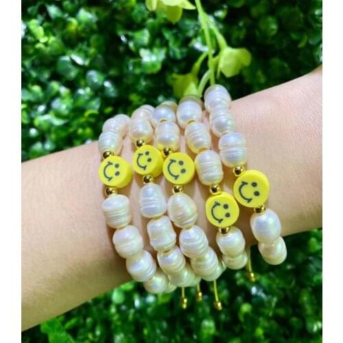6Pcs,Happy Face Freshwater Pearl Beaded Bracelet, Pearl Jewelry, Smiley Face Bead Beach Jewelry Pearl Stretch Bracelet