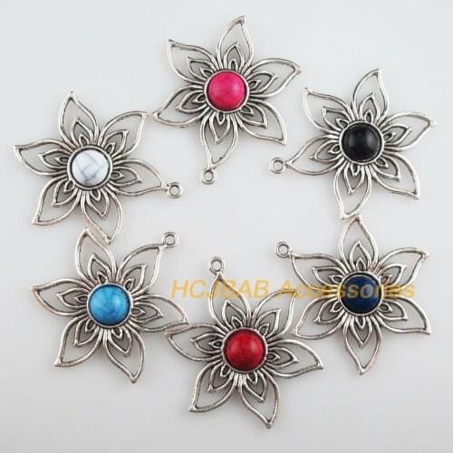 New 6Pcs Tibetan Silver Tone Retro Flower Charms Mixed Acrylic Pendants 38x47mm