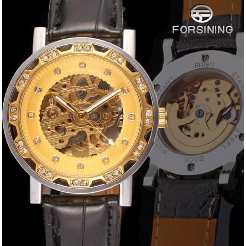Fashion Forsining Golden Retro Luminous Hands Diamond Display Mens Mechanical Skeleton Wrist Watches Top Brand Luxury Clock