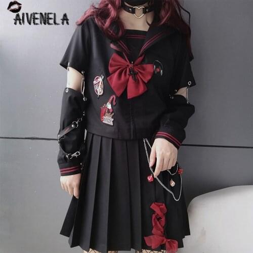 Harajuku Gothic Girls JK Uniform Sailor Suit Chain Pleated Skirt Cross Bowtie Removable Sleeve Tops Cosplay Punk Set AFC1280