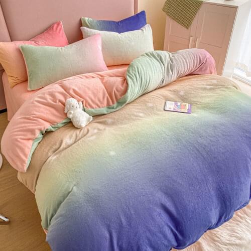 Korean Style Rainbow Gradient Color 4pcs Bedding Set Milk Velet Duvet/quilt Cover With Hidden Zipper Soft Flat Sheet For Girls