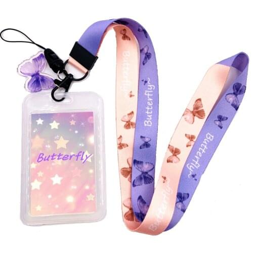 Beatiful Purple Pink Butterfly Key Lanyards Neck Strap ID Card Mobile Phone Strap USB Badge Holder Rope Key Chain Gifts