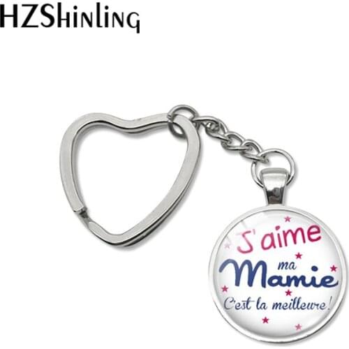 Fashion Jaime Mamie Heart Key Chain Handmade je suis une Mamie French Art Jewelry Glass Cabochon Super Mamie Keyring for Women