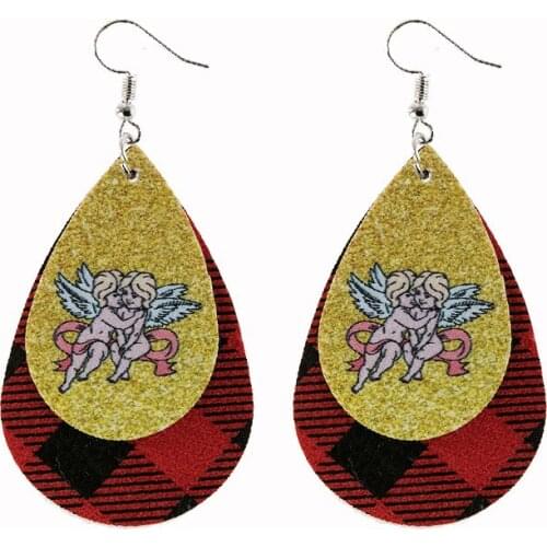 Valentines Day New Double Layer Buffalo Plaid Teardrop Leather Earrings Black And White Striped Moon Cupid Angel Earrings Gifts