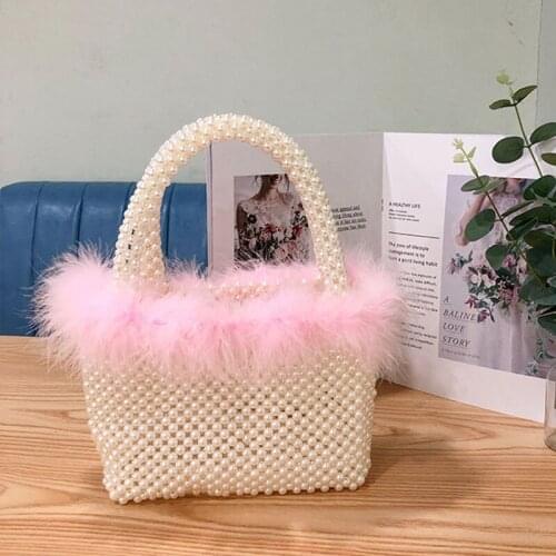 New Handmade Plush Pearl Handbags For Women Hand Woven Panelled Beaded Tote Female Cute Evening Bag Dinner Party Shoulder Bag