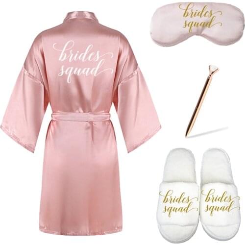 New 4pc set of bridal robe eyemask slippers diamond brides squad kimono rose gold pink Proposal gift wedding Bachelorette robes