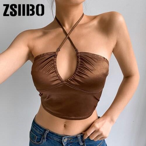 Sexy Strappy Brown Y2K Halter Crop Top Women Summer Backless Cami Tops Tees Ladies Fitness Camisole Party clothes punk mall bar