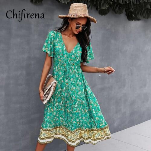 Chifirena Summer Dress 2021 Floral Print Womens Dress Short Sleeve V Neck Beach Boho Sexy Dresses for Women Party Sundress robe