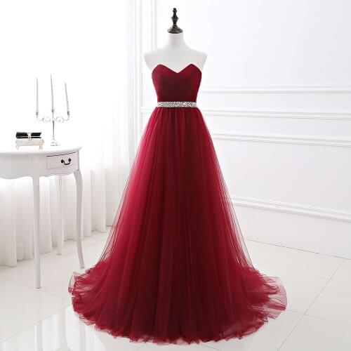 Simple 2020 Women Wine Red Evening Dress Formal Tulle Dresses Sweetheart Neckline Sequin Beaded Prom Graduation Party Dress