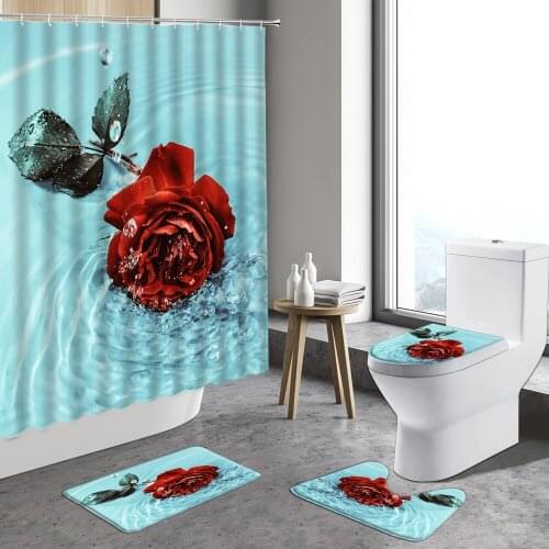 Romantic Flower Red Rose Floral Shower Curtain Plant Home Decor Bathroom Non-slip Carpet Toilet Bath Mat Indoor Rug Foot pad Set