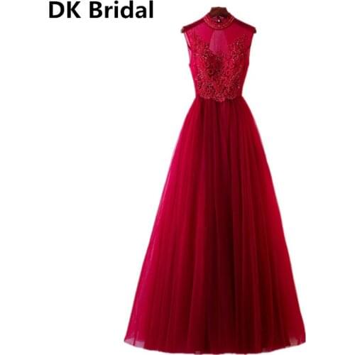 Sexy O-Neck Beading Evening Dress Elegant Robe De Soiree Burgundy A-line Evening Dresses Long Dress Real Photo Vestido De Festa