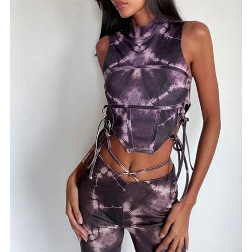 Backless Sleeveless Tie-Dye Irregular Sexy Lace Up Top Summer Women Fashion Club Outfit
