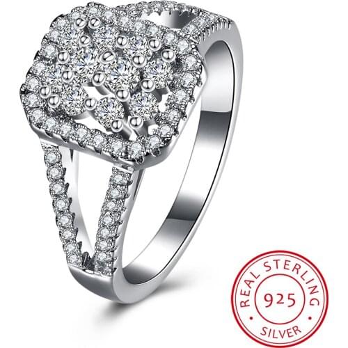 UFOORO Luxury Sterling Silver Square Rings for Women Jewelry Wedding Crystal Zircon Anel Engagement Anillos Statement Ring Gifts