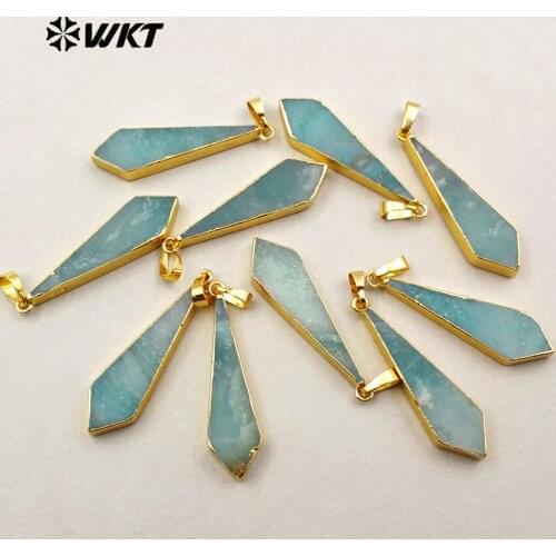 WT-P1244 WKT Exclusive design natural GREEN stone pendant sword shape stone pendant with gold plating trinket
